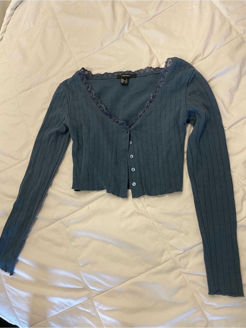 Forever 21 Blue Ribbed Lace-Trim Button-Front Long Sleeve Top